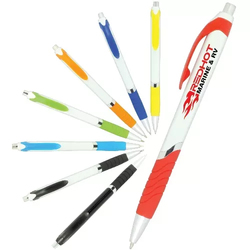 Pen plastic push action metal trim soft rubberised grip Explorer
