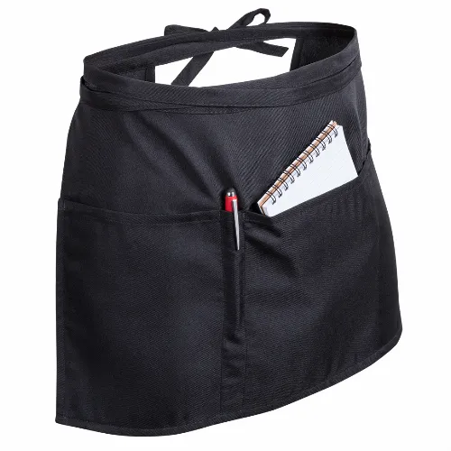 Apron waist style 100% polyester in black with 2 large pockets, 1 medium pocket and pen holder
