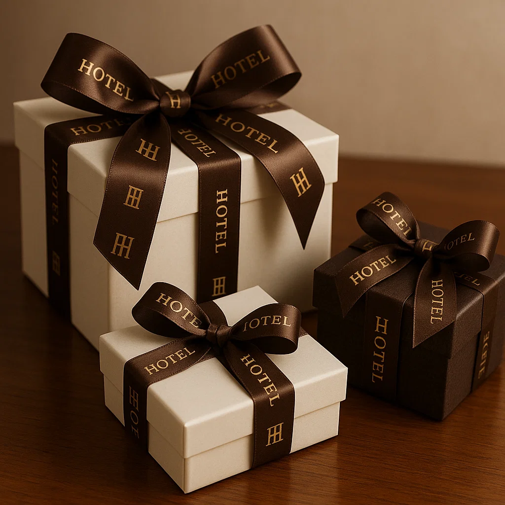 A luxury hotel guest gifts with ribbons bearing their logo