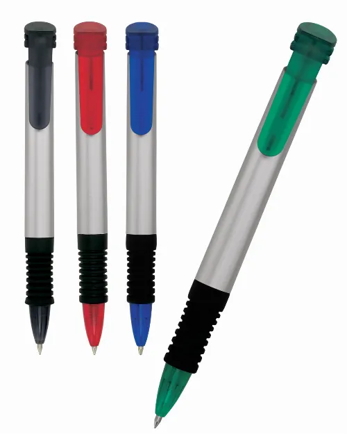 Pen plastic silver barrel  translucent clip and rubber grip Euro