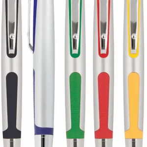 Plastic pen click action silver barrel and coloured rubber trim Scribble
