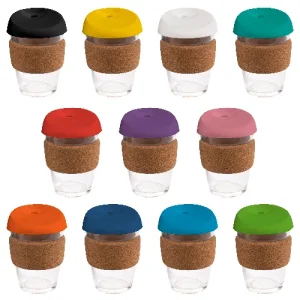 coffee cup / Mug 12oz/340ml Glass Karma Kup Cork Band Silicon lid Reusable  Eco Friendly