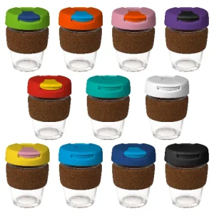 coffee cup / Mug 12oz/340ml Glass Karma Kup Cork Band Plastic Flip Lid Reusable  Eco Friendly