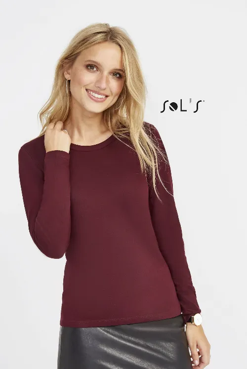 T shirt long sleeve women's , round neck semi combed 100% ring spun cotton , ribbed neck MAJESTIC