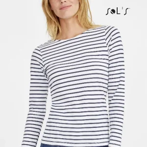T-shirt Long sleeve Women's striped pattern 100% combed cotton MARINE