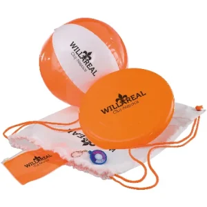 Beach set with frisbee, beach ball, waterproof pouch UV key chain packed in a back sack