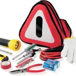 Car utility bag with jumper leads , gloves torch , spanner and plyers with Warning sign