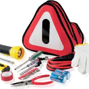 Car utility bag with jumper leads , gloves torch , spanner and plyers with Warning sign