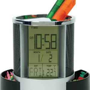 Desk pen caddy and digital clock