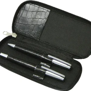 Metal pen gift set includes roller ball and ball pen with leather barrel and packed into zippered case Park lane