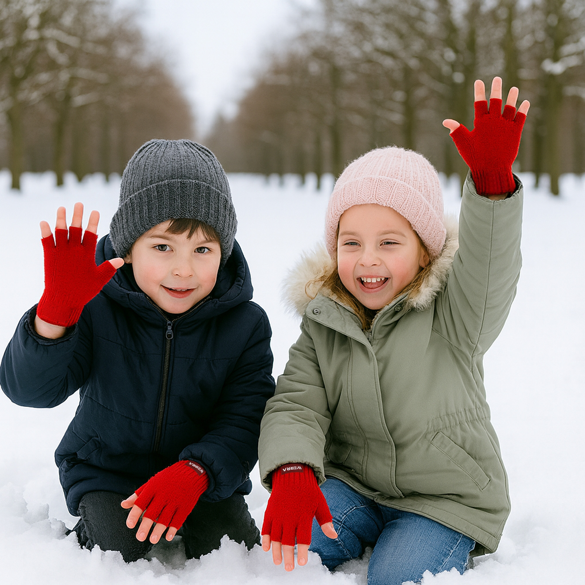 Kids Plain Knitted Fingerless Gloves with Woven Label - Image 20