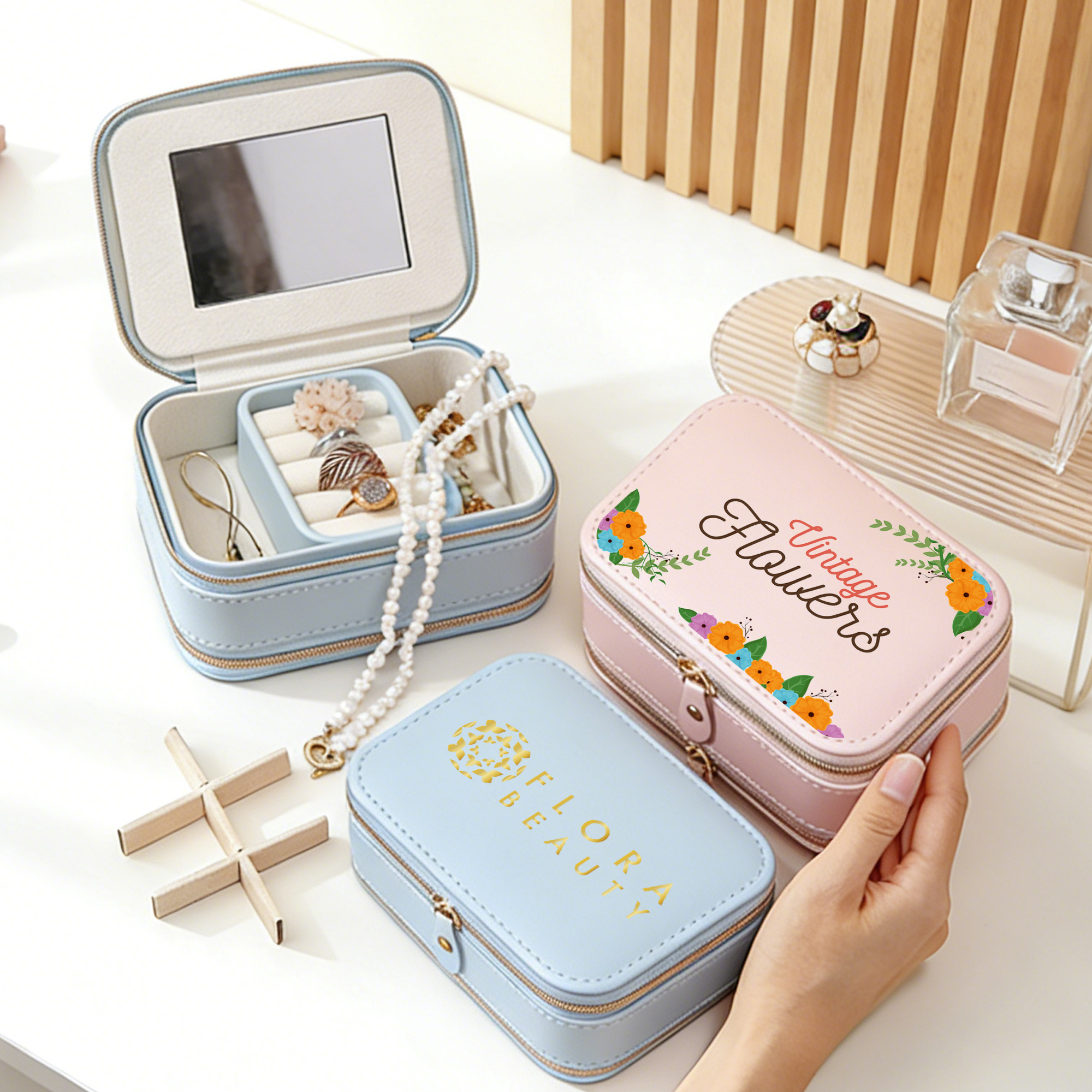 Fashion PU Leather Jewellery Case with Mirror - Image 8