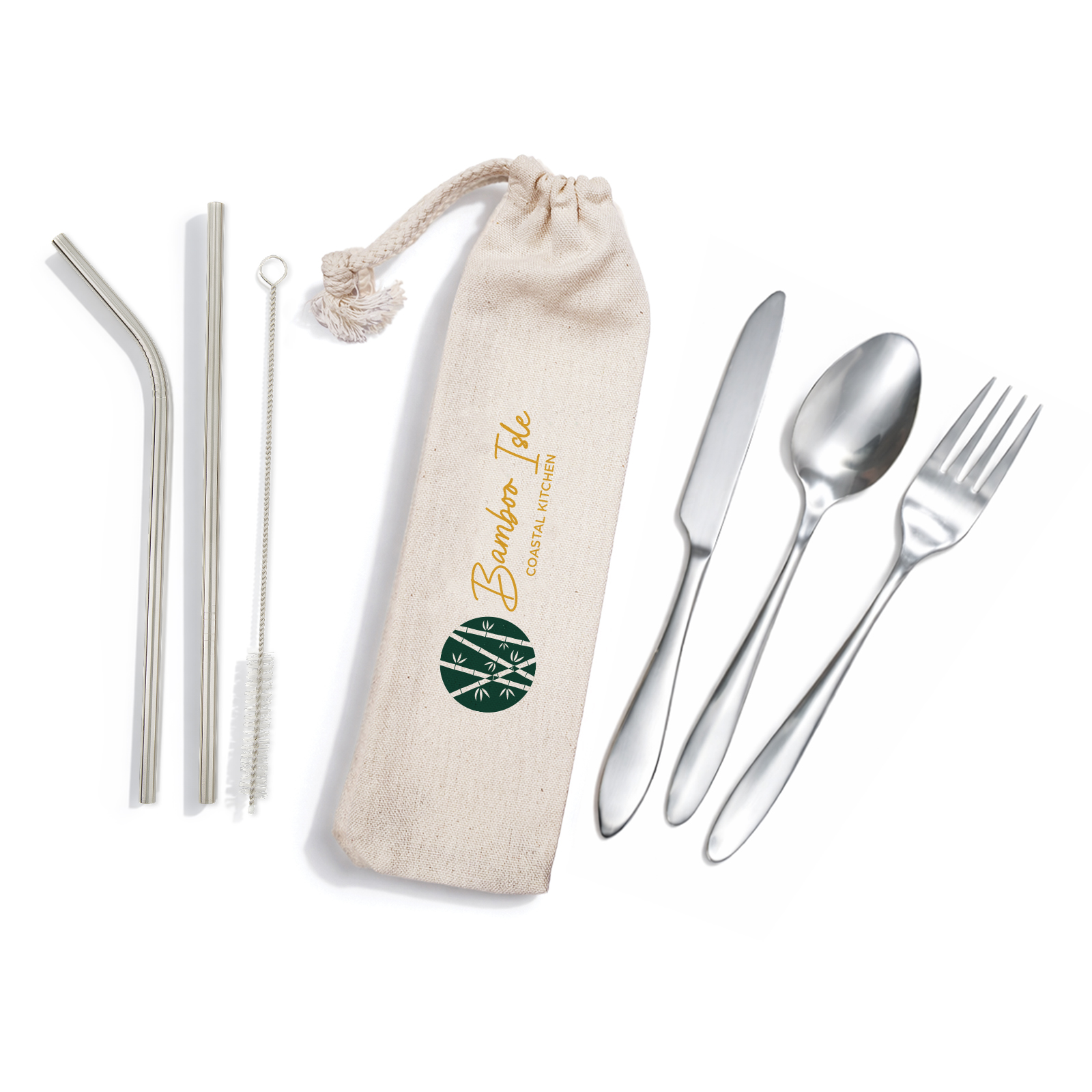 Banquet Stainless Steel Cutlery & Straw Set in Calico Pouch - Image 2