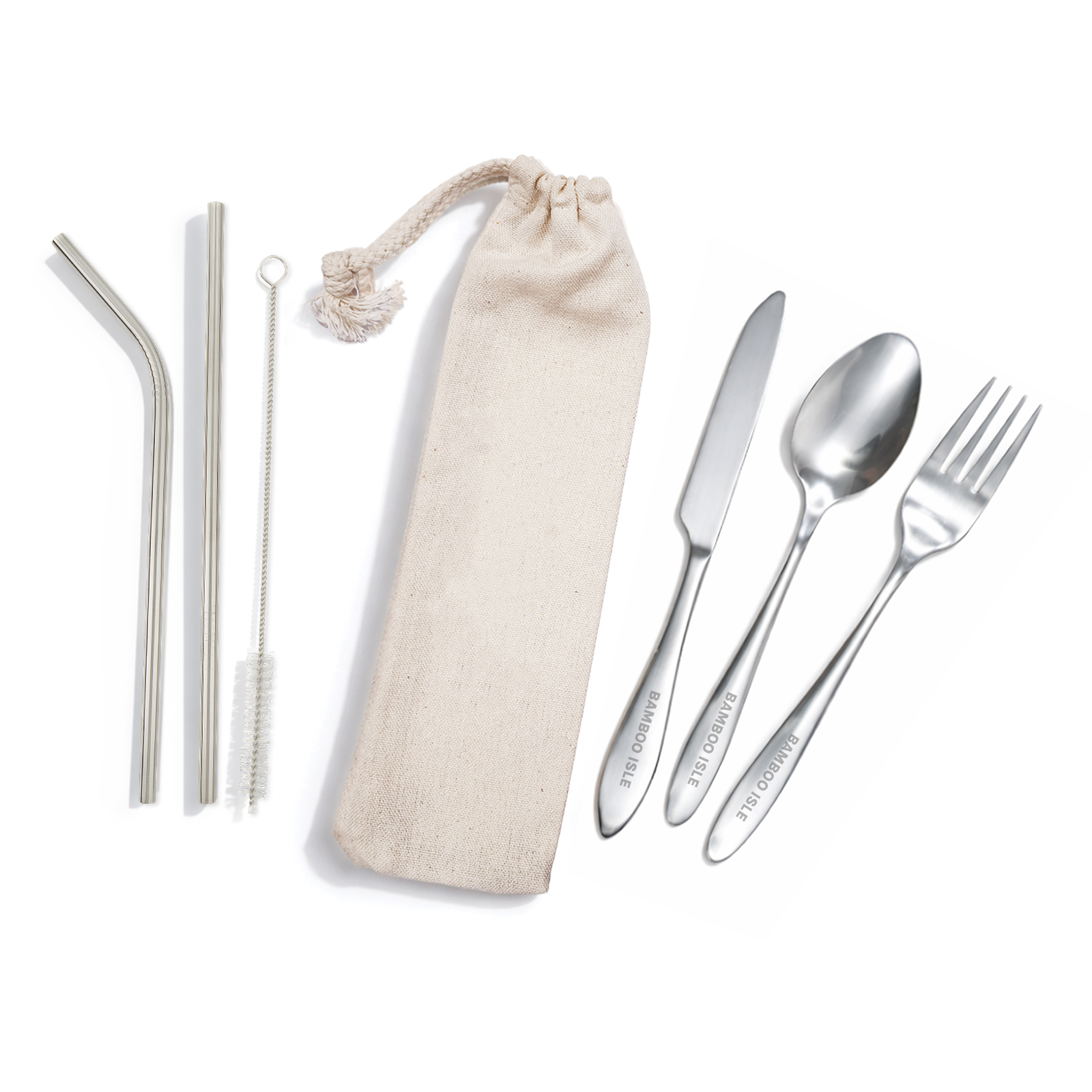 Banquet Stainless Steel Cutlery & Straw Set in Calico Pouch - Image 3