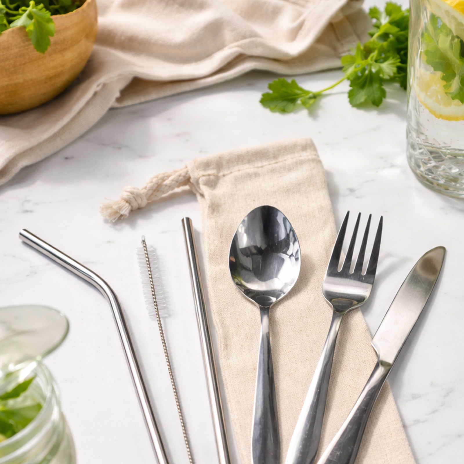 Banquet Stainless Steel Cutlery & Straw Set in Calico Pouch - Image 8