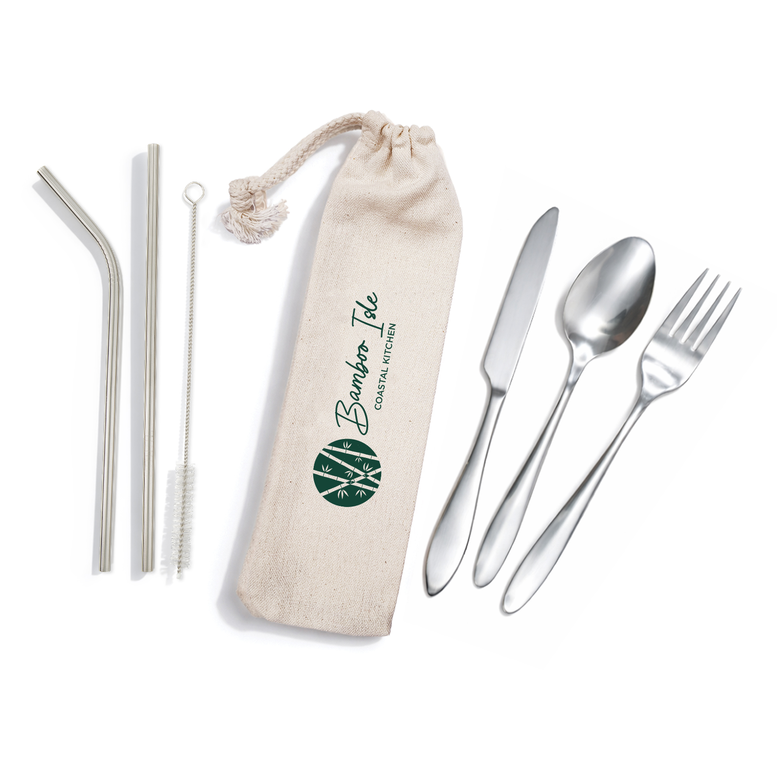 Banquet Stainless Steel Cutlery & Straw Set in Calico Pouch - Image 6