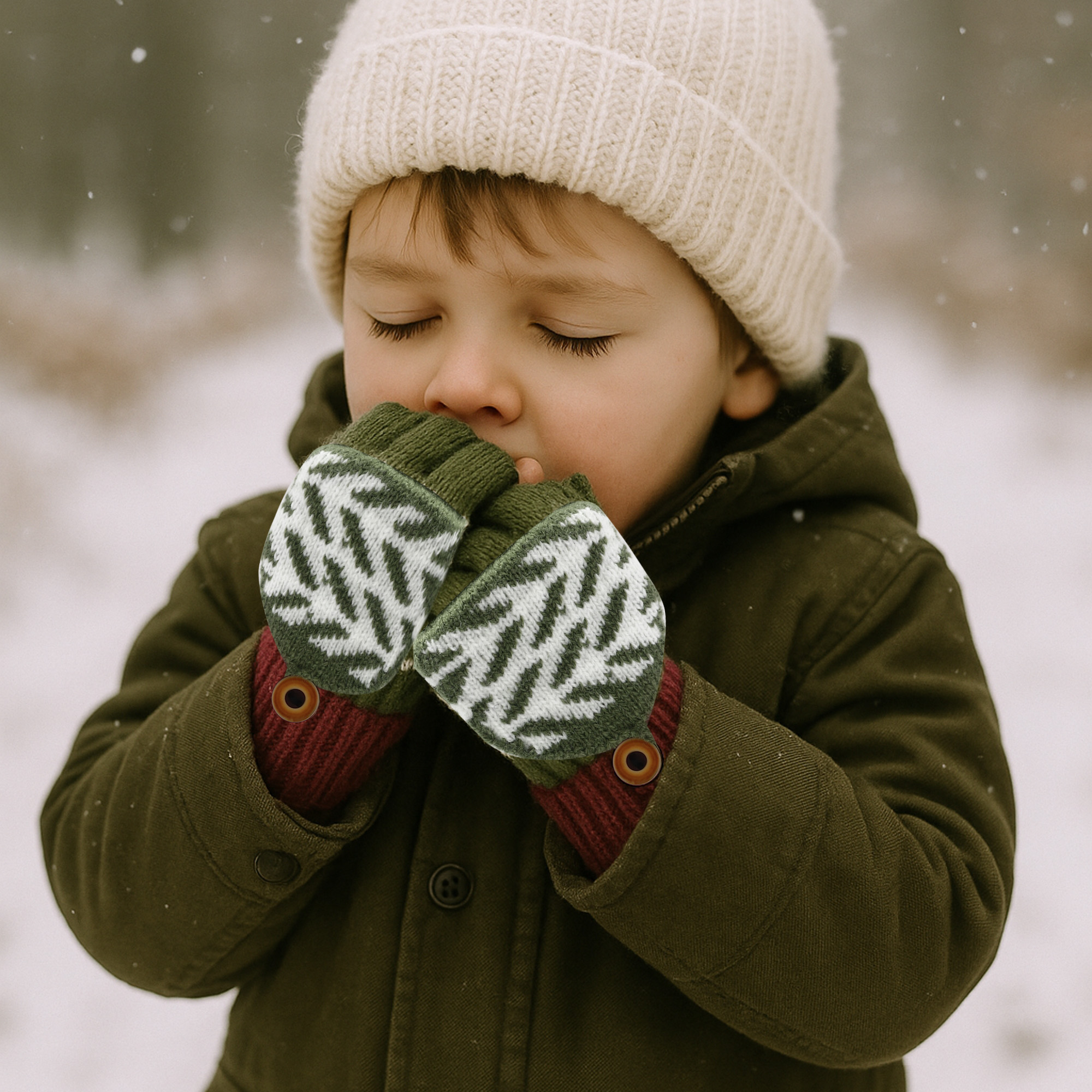 Kids Jacquard Fingerless Gloves with Flip Cover - Image 6