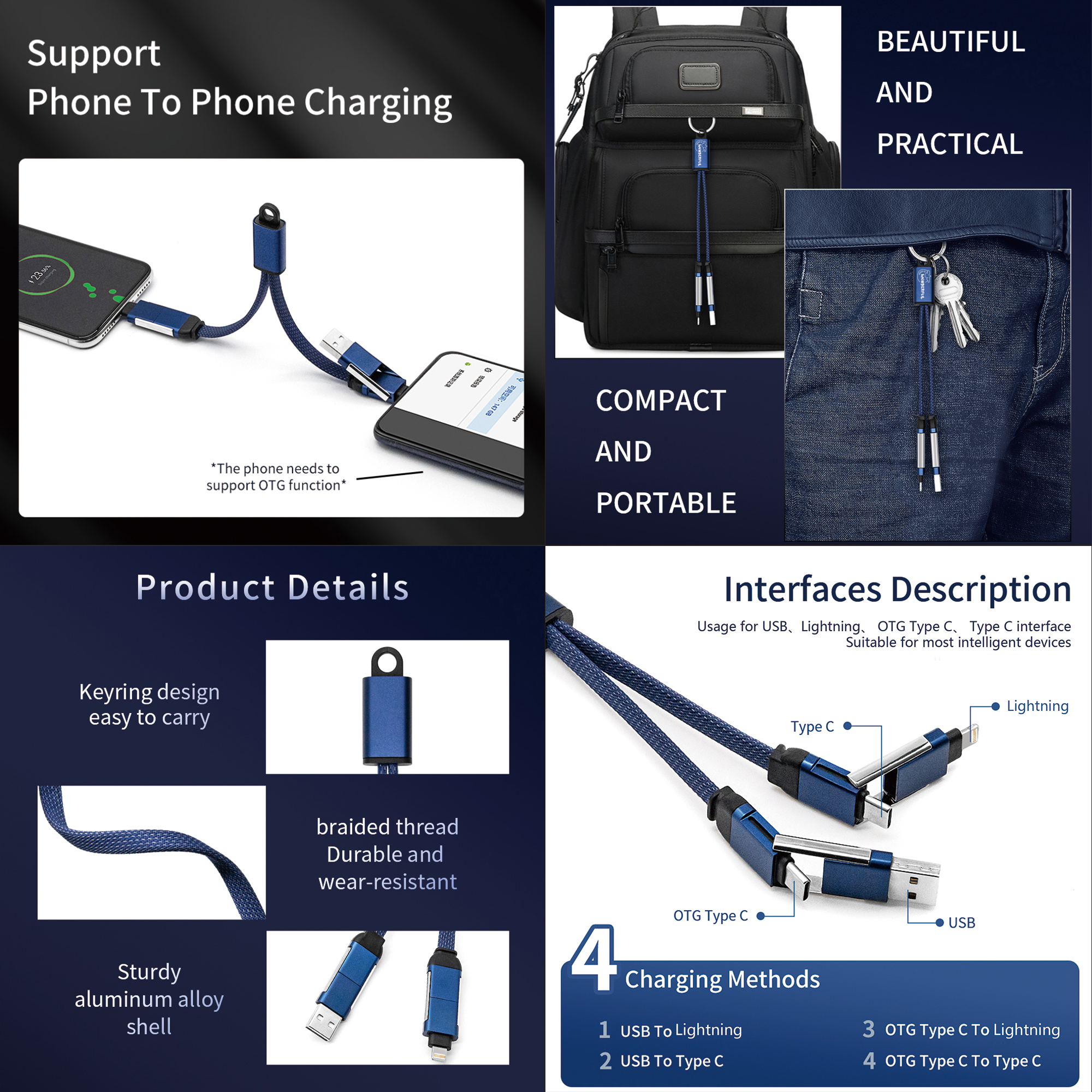 60W 4-in-1 Braided Charging Cable with Keyring - Image 8