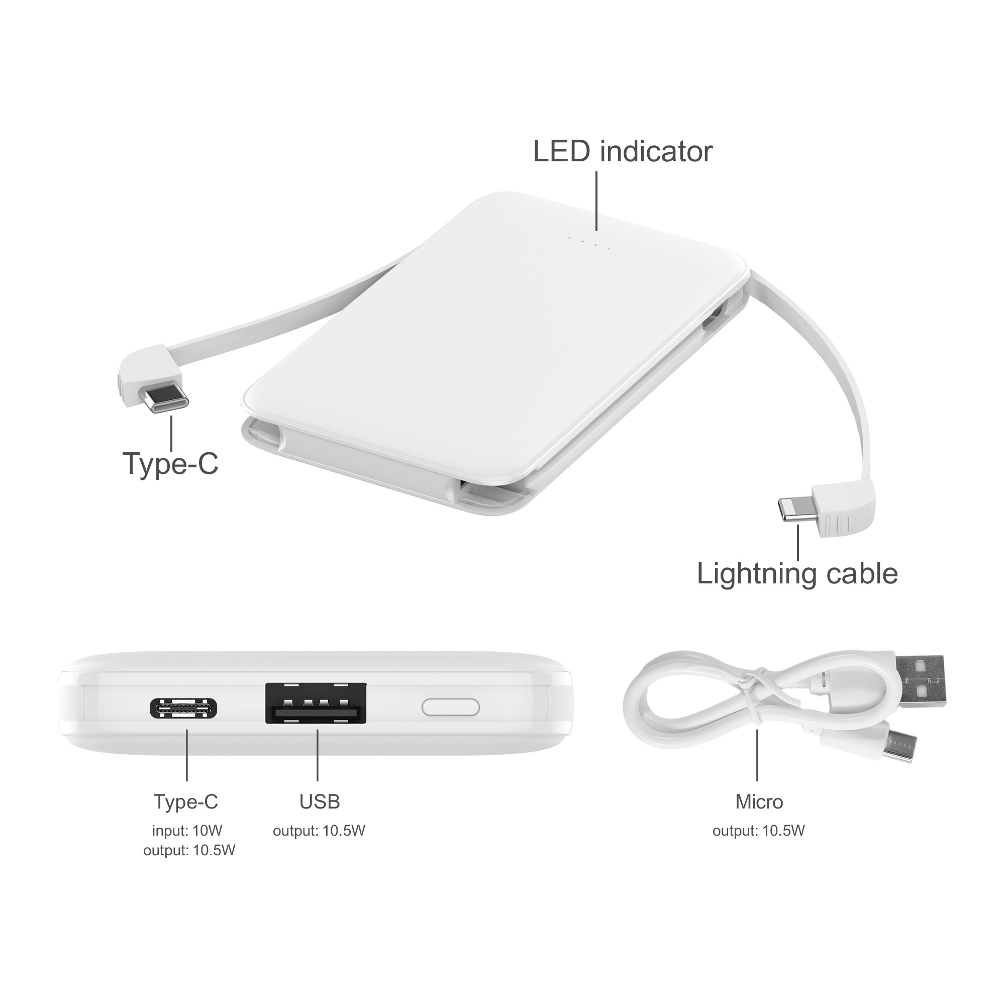 5000mAh Slim Power Bank with Charging Cable - Image 6