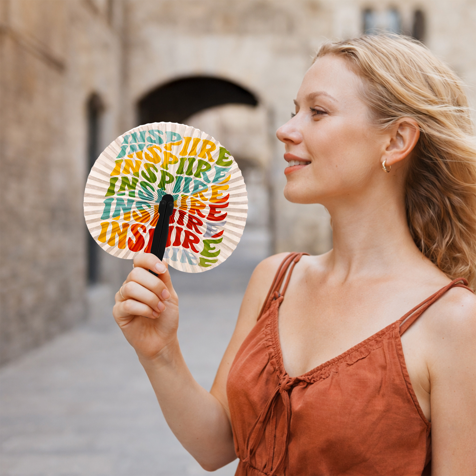 Peach Shape Plastic Handle Paper Fan - Image 12